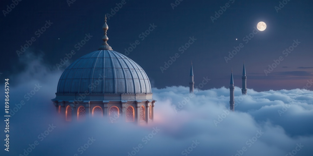Fototapeta premium Mosque dome and minarets emerge from clouds under a moonlit night sky