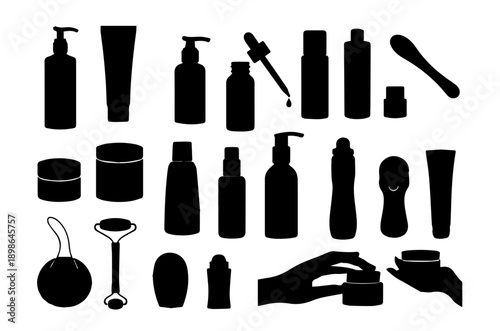"Personal Care and Hygiene Product Silhouettes Featuring Lotion Bottles, Pump Bottles, Dropper Bottles, Spray Bottles, Shaving Brush, Facial Rollers, Cosmetic Containers, Beauty and Grooming Tools, Sk