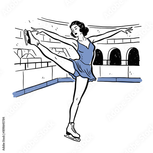 Vintage illustration of a beautiful figure skater performing an arabesque spin on the ice rink. Sport, performance, and grace.