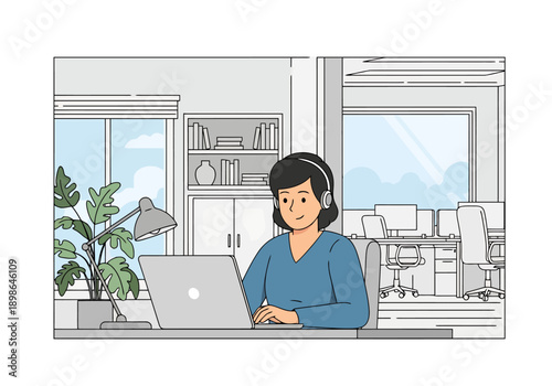 Young woman wearing headphones works on a laptop at a desk in a modern office with plants and windows showing natural light