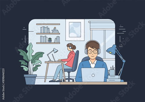 People working on laptops in a modern office space with plants and desk lamps creating a productive environment for remote team collaboration and