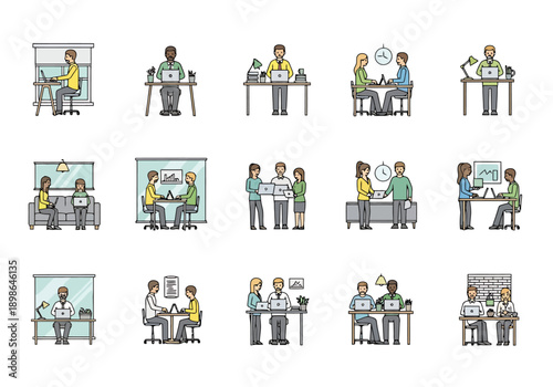 Diverse team members collaborate and work together in modern office environments with technology and communication tools for business success