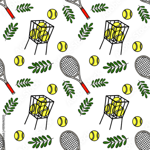 Seamless vector pattern with playful tennis racquets, bright yellow balls in a basket, and green leaves.