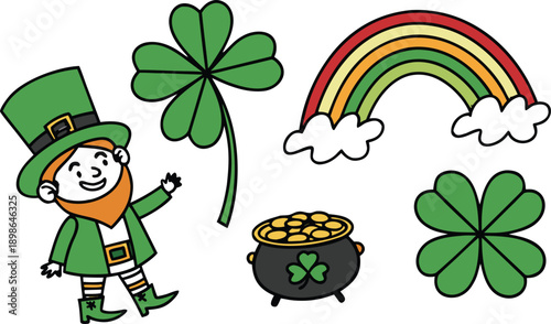 St. Patricks Day design elements set.
Leprechaun holding beer glass and pot of gold coins. SVG Shamrock Bundle. Vector