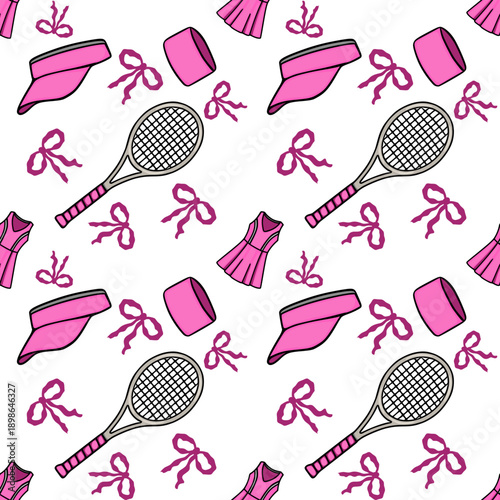 Pink tennis vector seamless pattern with racket, dress, visor, and bows