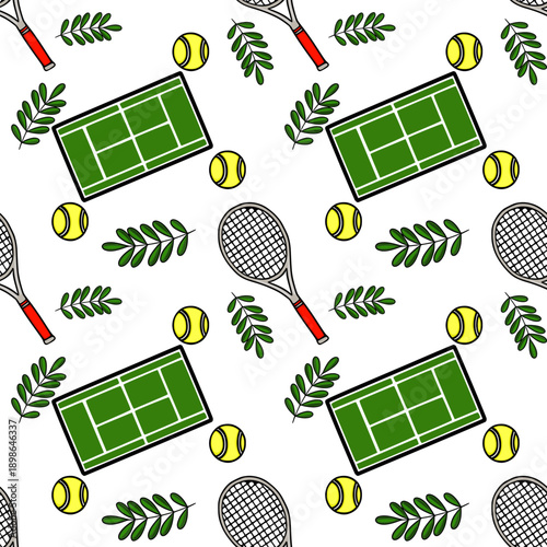 Seamless vector pattern of tennis courts, balls, rackets, and green leaves on a white background.