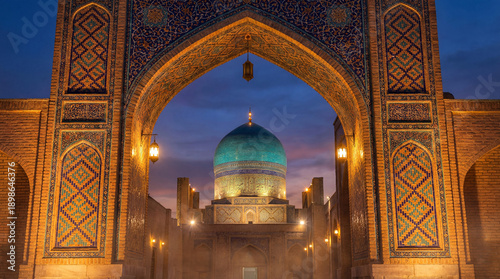 Ancient Mosque Dome and Archway at Dusk, Intricate Islamic Architecture, Travel Destination Photography