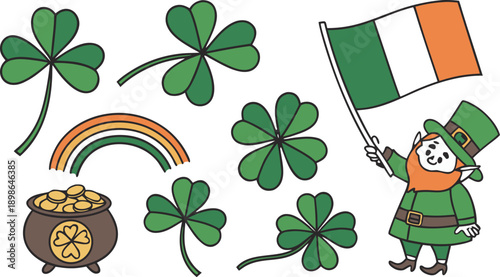 St. Patricks Day design elements set.
Leprechaun holding beer glass and pot of gold coins. SVG Shamrock Bundle. Vector