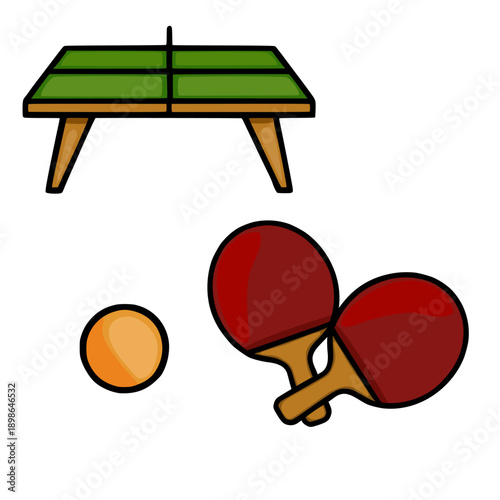 Vector illustration of ping pong table, paddles, and ball on white background