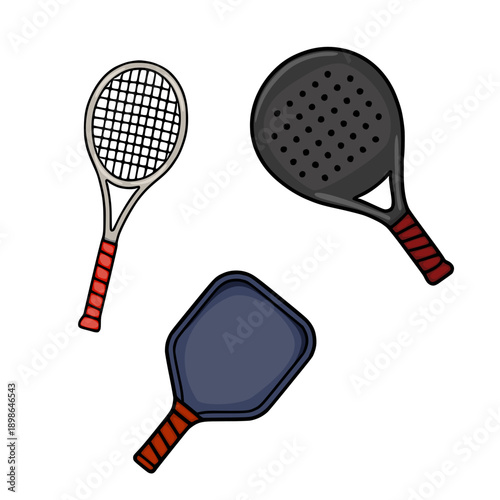 Set of colorful vector tennis, pickleball, and padel rackets with textured grips.