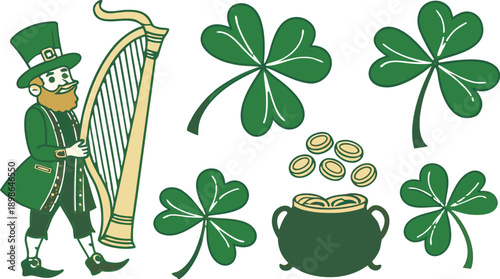 St. Patricks Day design elements set.
Leprechaun holding beer glass and pot of gold coins. SVG Shamrock Bundle. Vector