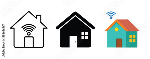 Collection of three distinct house icons representing smart home connectivity and modern dwelling concepts clearly displayed