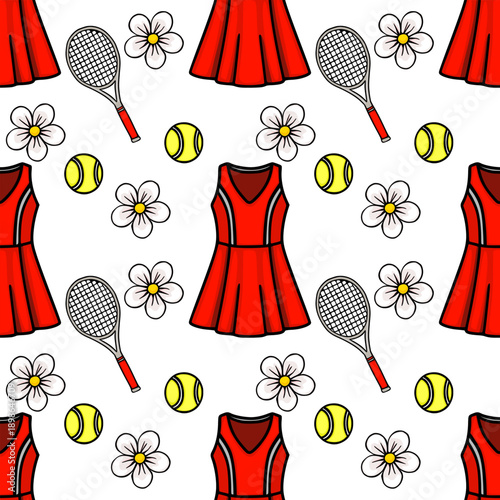 Seamless vector pattern of red tennis dresses, rackets, balls, and white flowers