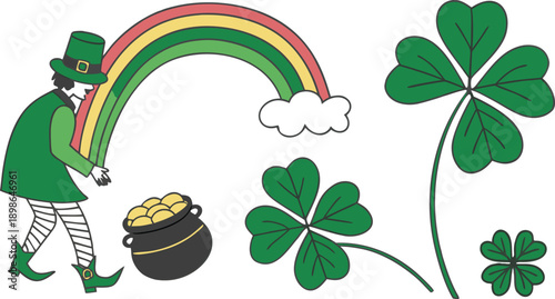 St. Patricks Day design elements set.
Leprechaun holding beer glass and pot of gold coins. SVG Shamrock Bundle. Vector