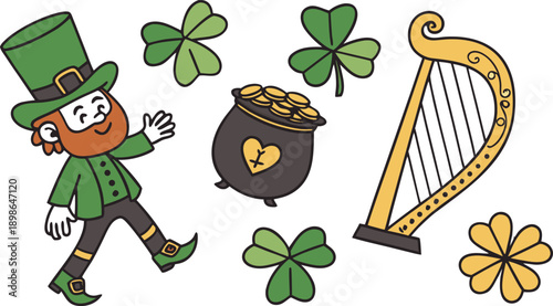 St. Patricks Day design elements set.
Leprechaun holding beer glass and pot of gold coins. SVG Shamrock Bundle. Vector