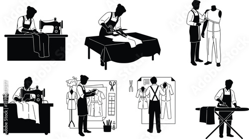 Tailor silhouette, sewing, measuring, cutting, fabric, fashion, designer, workshop, clothes, pattern, vector, illustration, black, craft, atelier, garment, dressmaking, style, studio