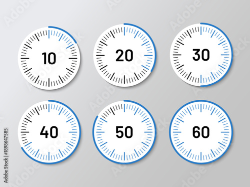 Stopwatch chronometer countdown set. Vector illustration. Clocks with different minutes. Round timers deadline icons. Flat design. Cooking indicators on white background.