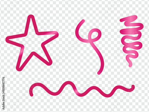 Glossy pink 3d line doodle collection with curved looped ribbon, wavy shape and swirl elements for creative graphics. Smooth plastic cartoon forms on white bg for playful decoration or modern assets.