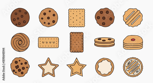 Assorted cookies and biscuits illustration featuring various designs from different viewpoints in a culinary setting