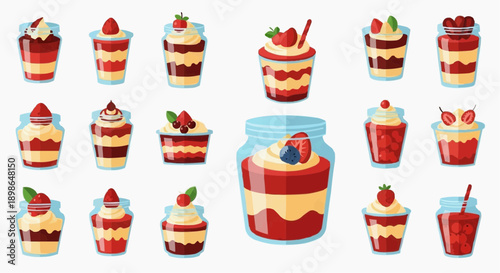 Collection of strawberry desserts and strawberry layered cakes in various containers and a jar from a straightforward view