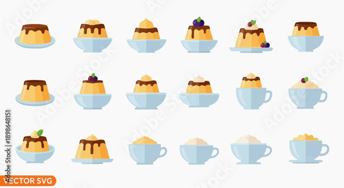 Assorted desserts and coffee cups arranged in a grid pattern, showcasing various toppings and fillings from a top-down viewpoint.