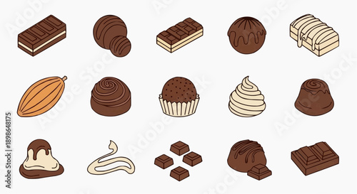 Assorted chocolate desserts and sweets arranged neatly in a grid pattern