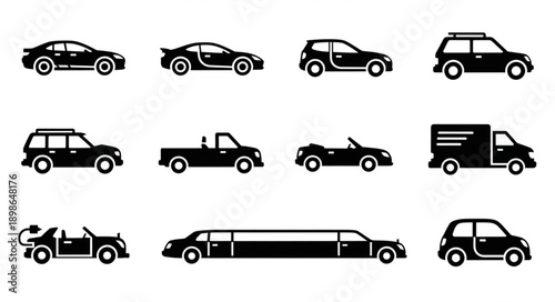 Collection of various black car silhouettes on a white background.