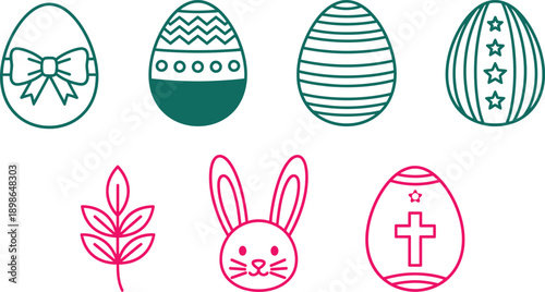 Easter day symbols and icons featuring eggs bunny and cross
