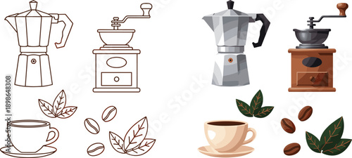 Vintage coffee, brewing, set, espresso, maker, grinder, cup, beans, leaves, barista, cafe, vector, illustration, retro, design, beverage, caffeine, drink