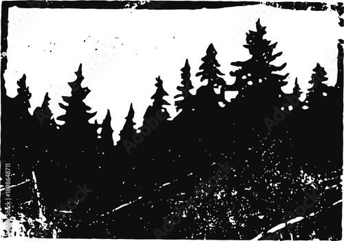Silhouette of pine trees forest landscape with grunge texture and distressed border design