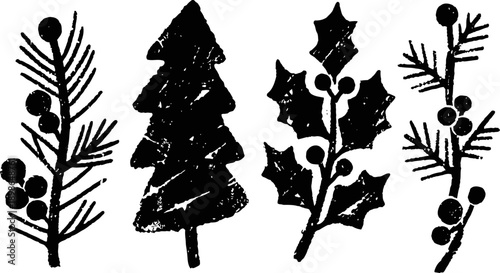 black silhouettes of holiday foliage including pine branch, fir tree, holly leaves and berries artistic seasonal decoration
