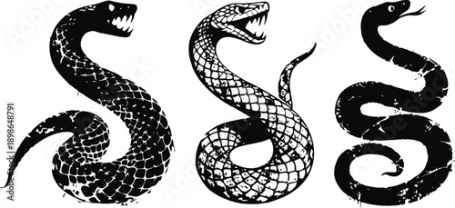 three black serpent silhouettes with open mouths and coiled bodies snake reptiles in various aggressive poses