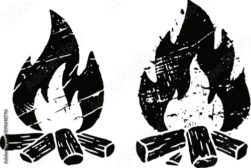 Two black campfire icons with logs and flames, rustic grunge texture illustration