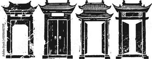 Ancient chinese gate and door silhouettes with traditional roof architecture and decorative beams