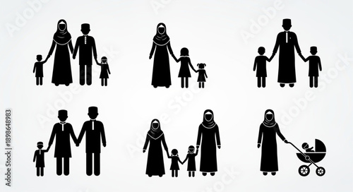 Silhouettes of Muslim families holding hands with children.