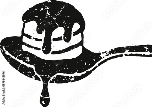 Pancakes with syrup dripping on a spoon black and white vintage illustration