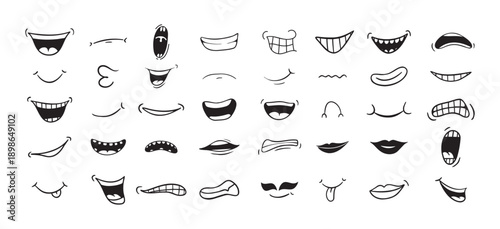 Cartoon mouth happy, smile, sad, angry expression doodle set. Hand drawn mouth, tongue caricature icon. Funny comic mouth collection 
