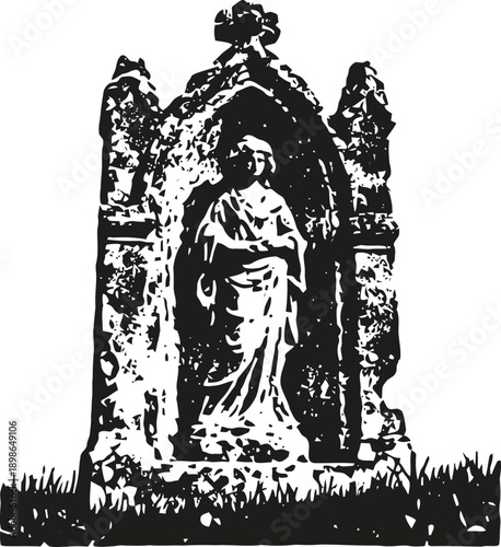 Monumental statue of a robed figure in a stone niche with decorative gothic elements and grass base
