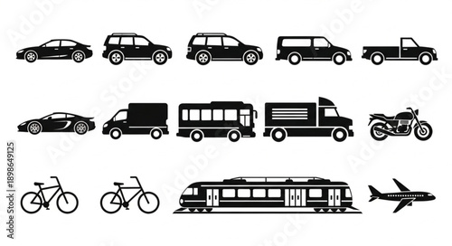 Collection of various vehicle silhouettes for transportation and travel.
