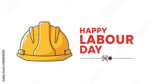 A cartoon yellow hard hat with Happy Labour Day text on a light blue background