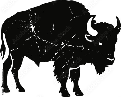 Silhouette of a standing bison with a textured grunge effect on white background