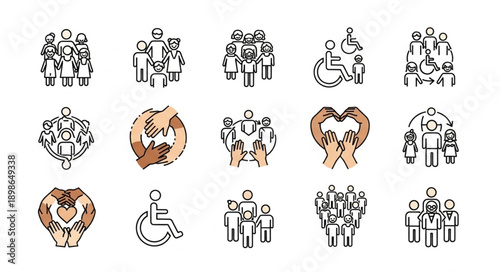 Collection of diverse people and community icons representing inclusion and support.