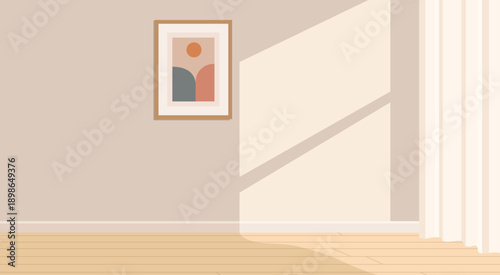 Empty Modern Living Room Interior with Minimalist Wall Art, Window Sunlight and Wooden Floor Vector