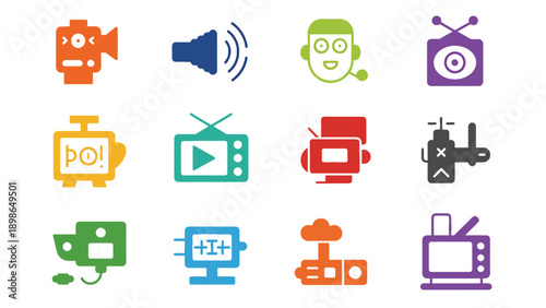 A collection of colorful media and technology icons on a white background