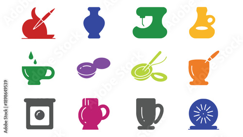 A colorful collection of ceramic and art icons on a white background
