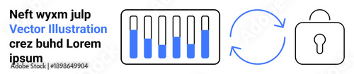 Vertical loading bars, circular sync arrows, and a padlock icon visualizing data flow, security, and updates. Ideal for technology, cybersecurity, analytics, software innovation progress simple