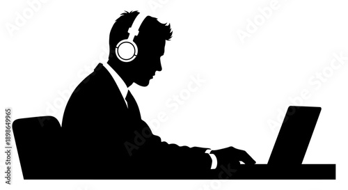 Businessman working with headphones on laptop in modern workspace