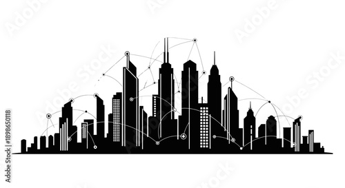 Modern cityscape with sleek skyscrapers and network connections