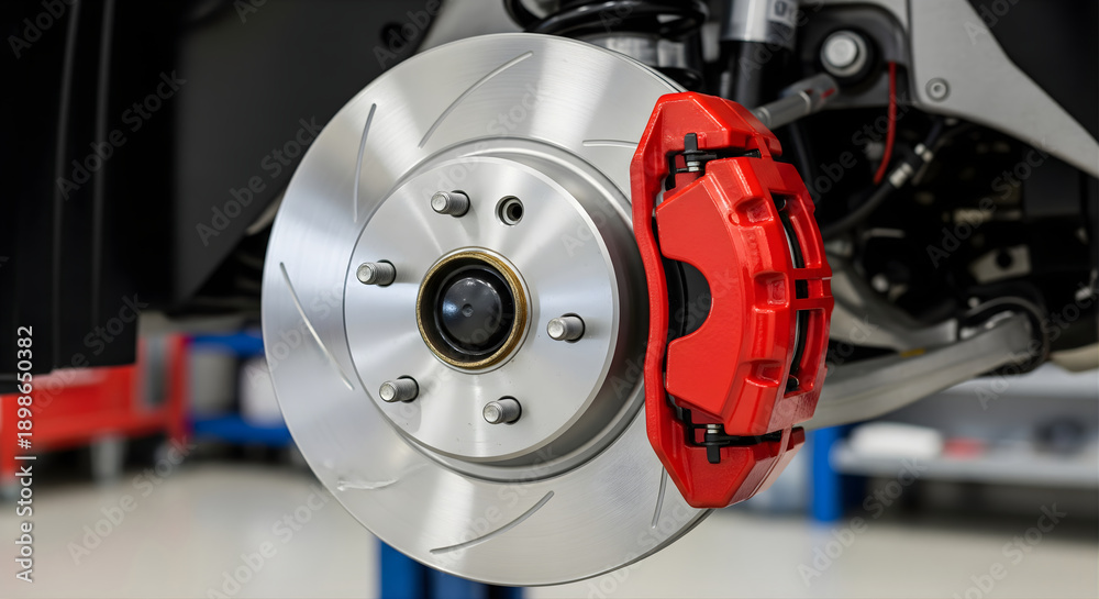 Fototapeta premium Close-up view of a performance car's vented brake disc rotor and bright red caliper, highlighting automotive engineering and braking system for high-speed vehicles, shiny metal part