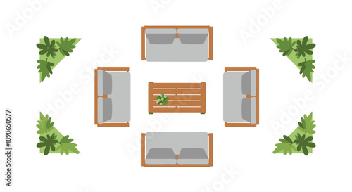Modern Garden Seating Area Top View Illustration with Grey Sofas and Wooden Coffee Table